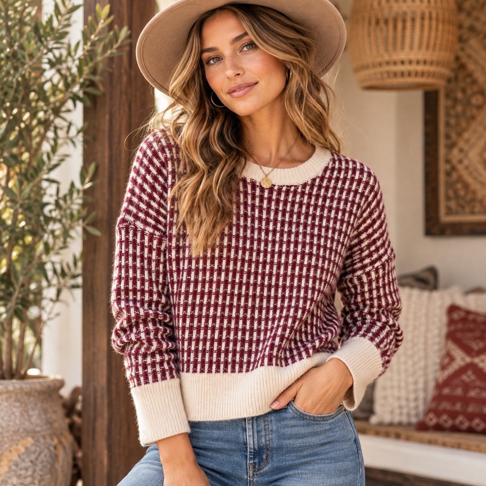 Flag & Anthem Women S Berry Cream Textured Knit Sweater Wool Blend FA24SW8073W